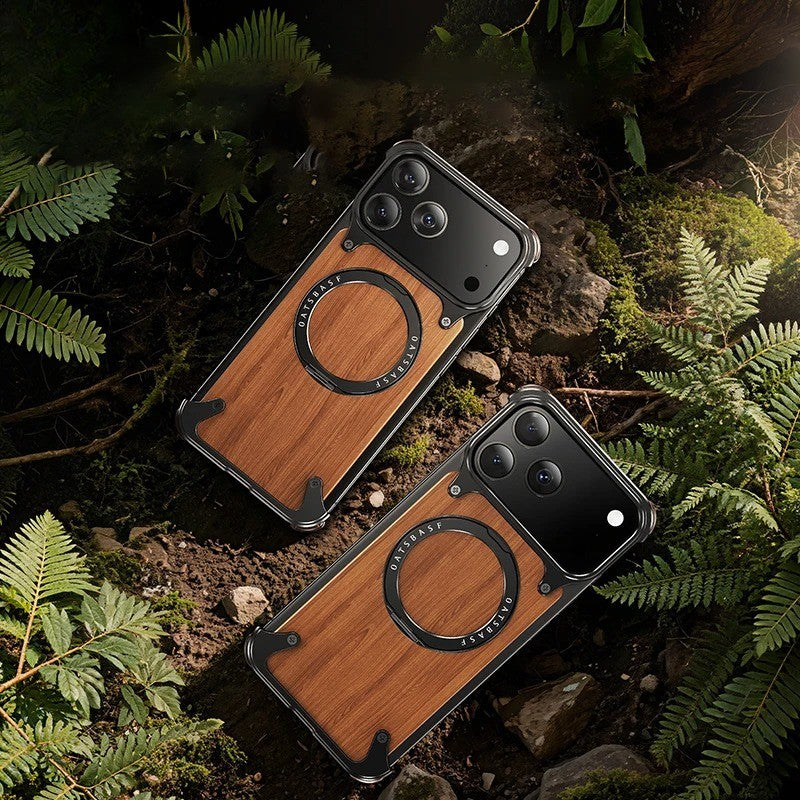 iPhones Frameless Alloy + Wood Case – Slim Hybrid Frame with Ring Stand - FonKayz