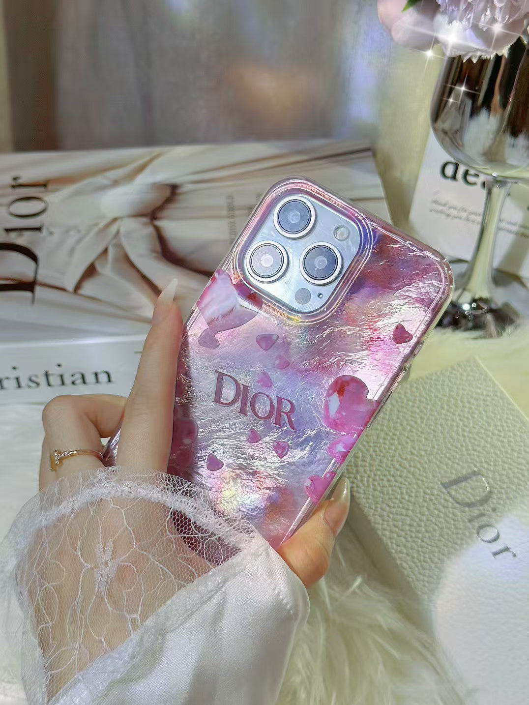 Luxury CD-Inspired Iridescent Heart Phone Case