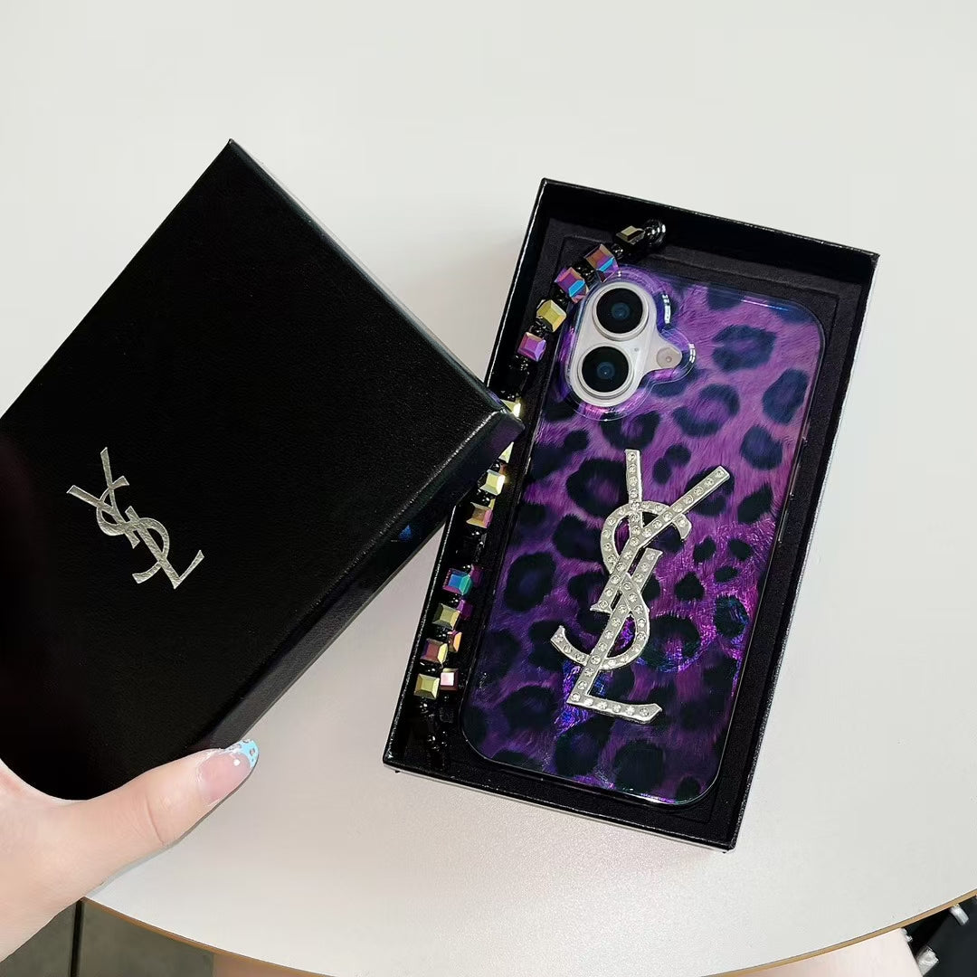 Luxury YSL-Inspired Purple Leopard Phone Case with Glitter Logo