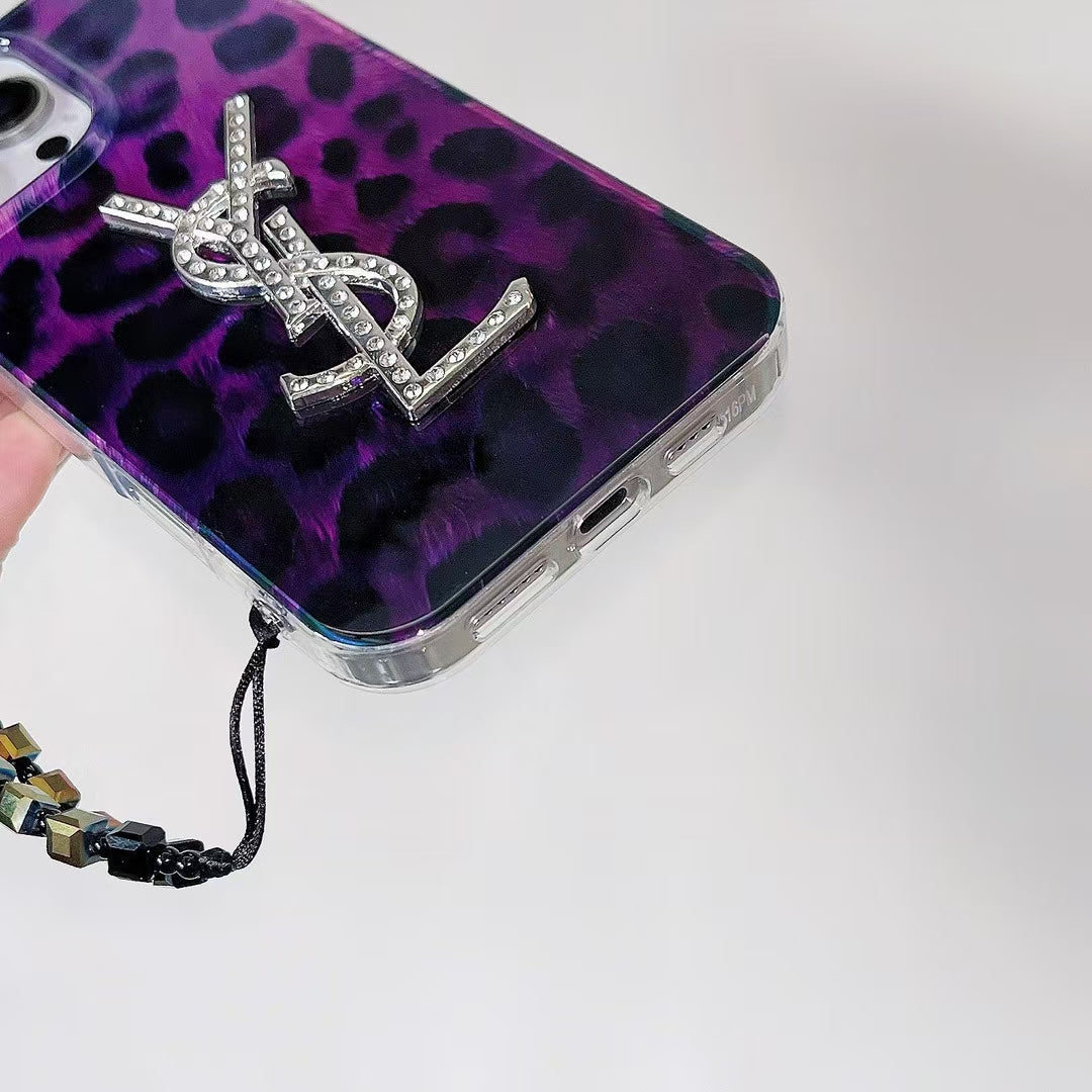 Luxury YSL-Inspired Purple Leopard Phone Case with Glitter Logo