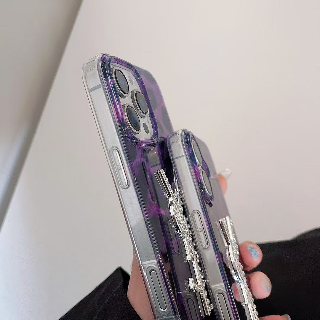 Luxury YSL-Inspired Purple Leopard Phone Case with Glitter Logo