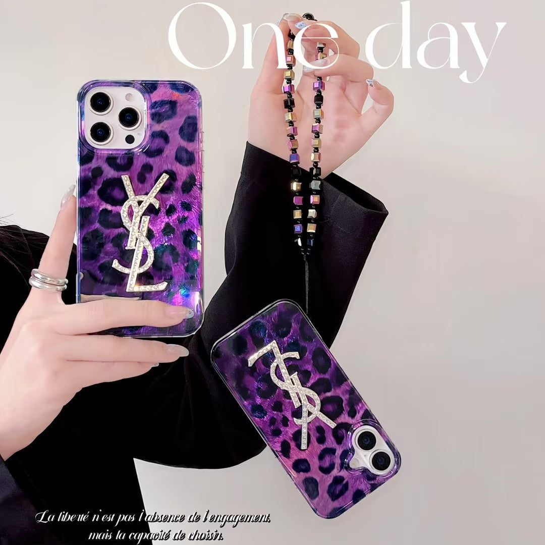 Luxury YSL-Inspired Purple Leopard Phone Case with Glitter Logo