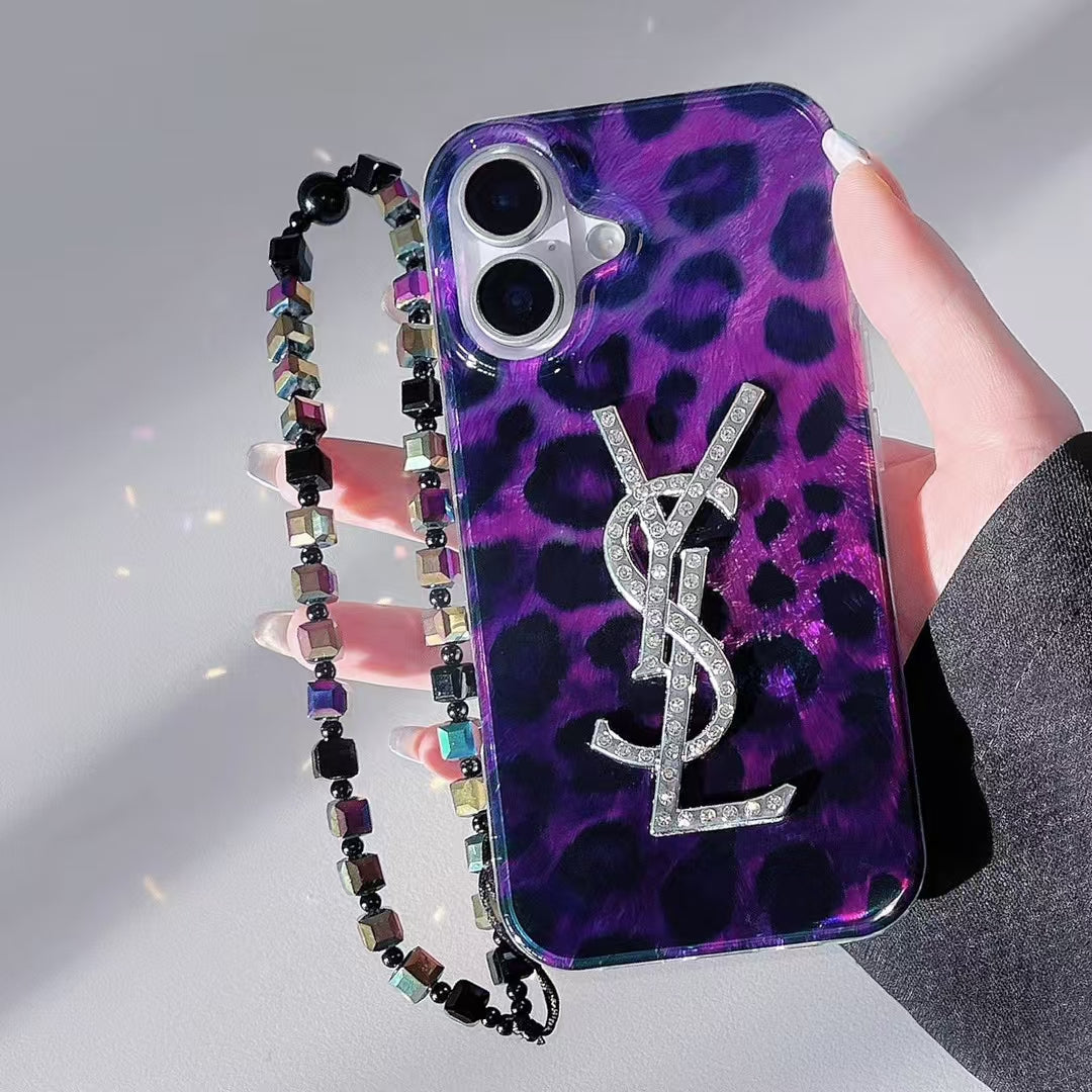 Luxury YSL-Inspired Purple Leopard Phone Case with Glitter Logo