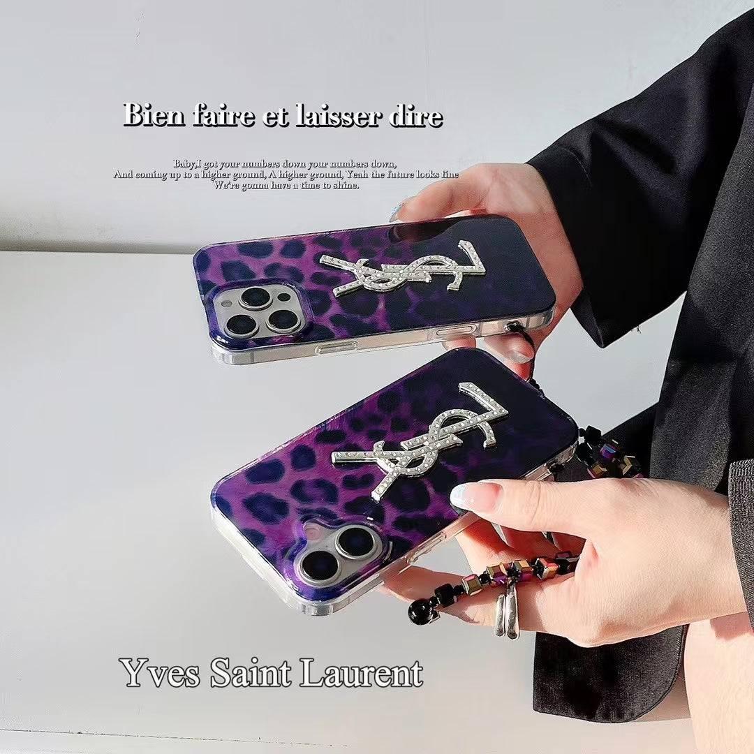 Luxury YSL-Inspired Purple Leopard Phone Case with Glitter Logo