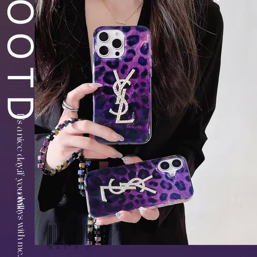 Luxury YSL-Inspired Purple Leopard Phone Case with Glitter Logo
