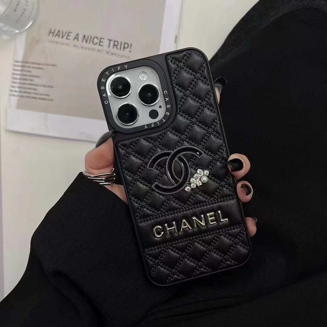 Luxury Quilted CC-Inspired Phone Case with Diamond Accents