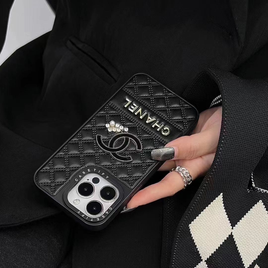 Luxury Quilted CC-Inspired Phone Case with Diamond Accents