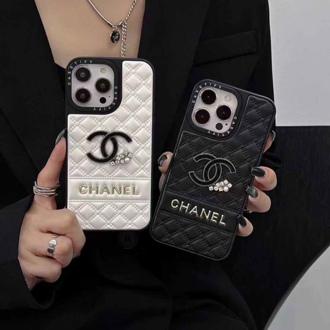 Luxury Quilted CC-Inspired Phone Case with Diamond Accents
