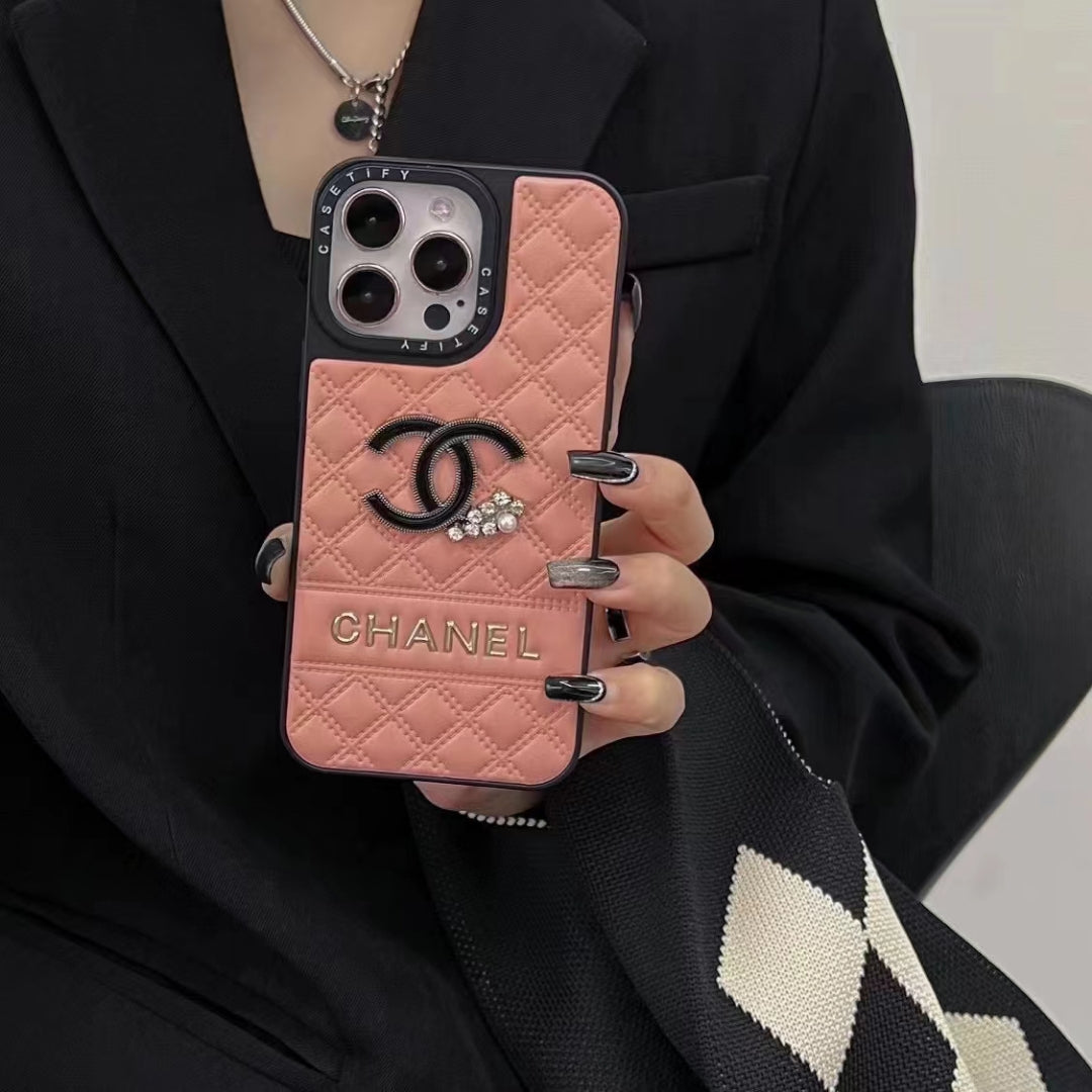 Luxury Quilted CC-Inspired Phone Case with Diamond Accents