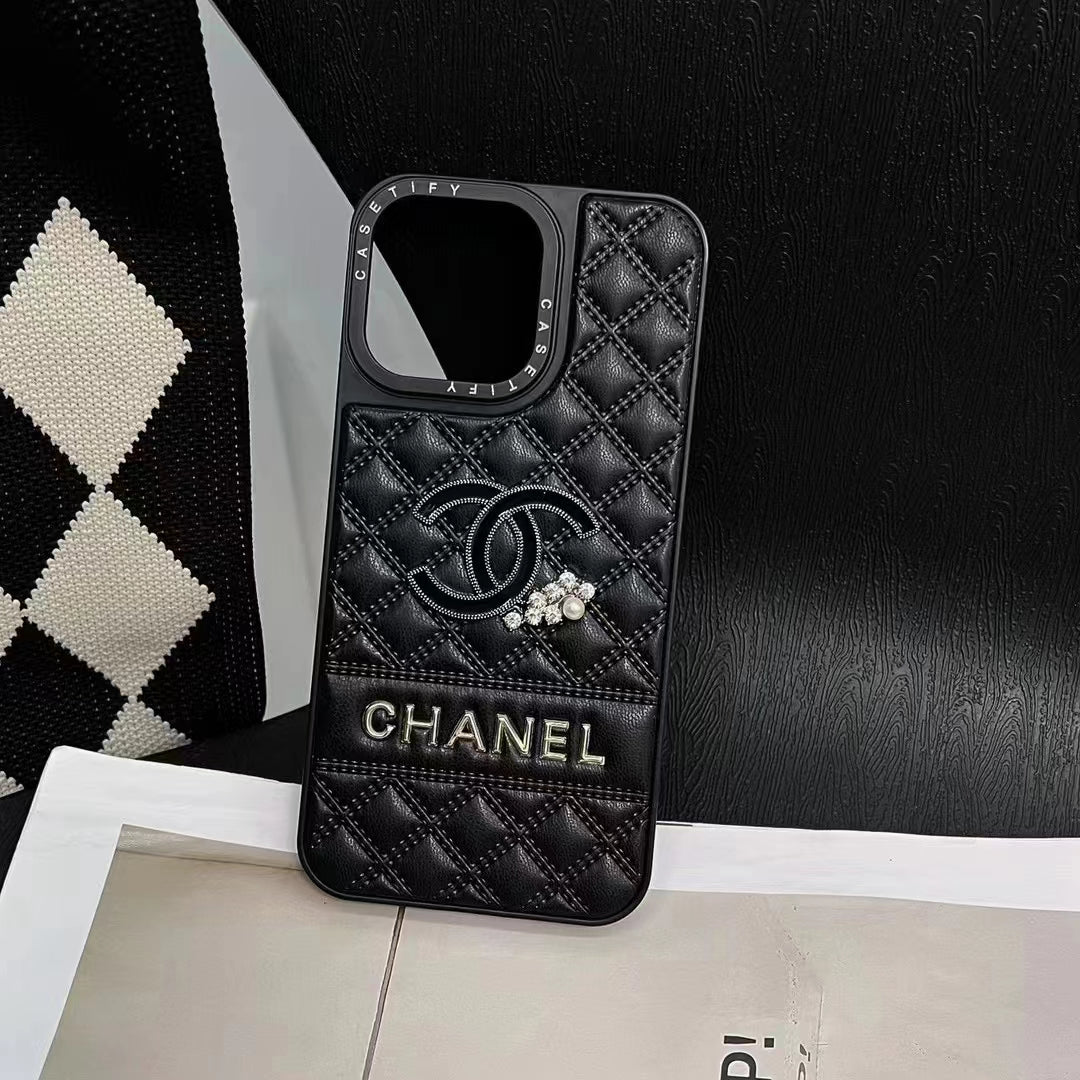 Luxury Quilted CC-Inspired Phone Case with Diamond Accents