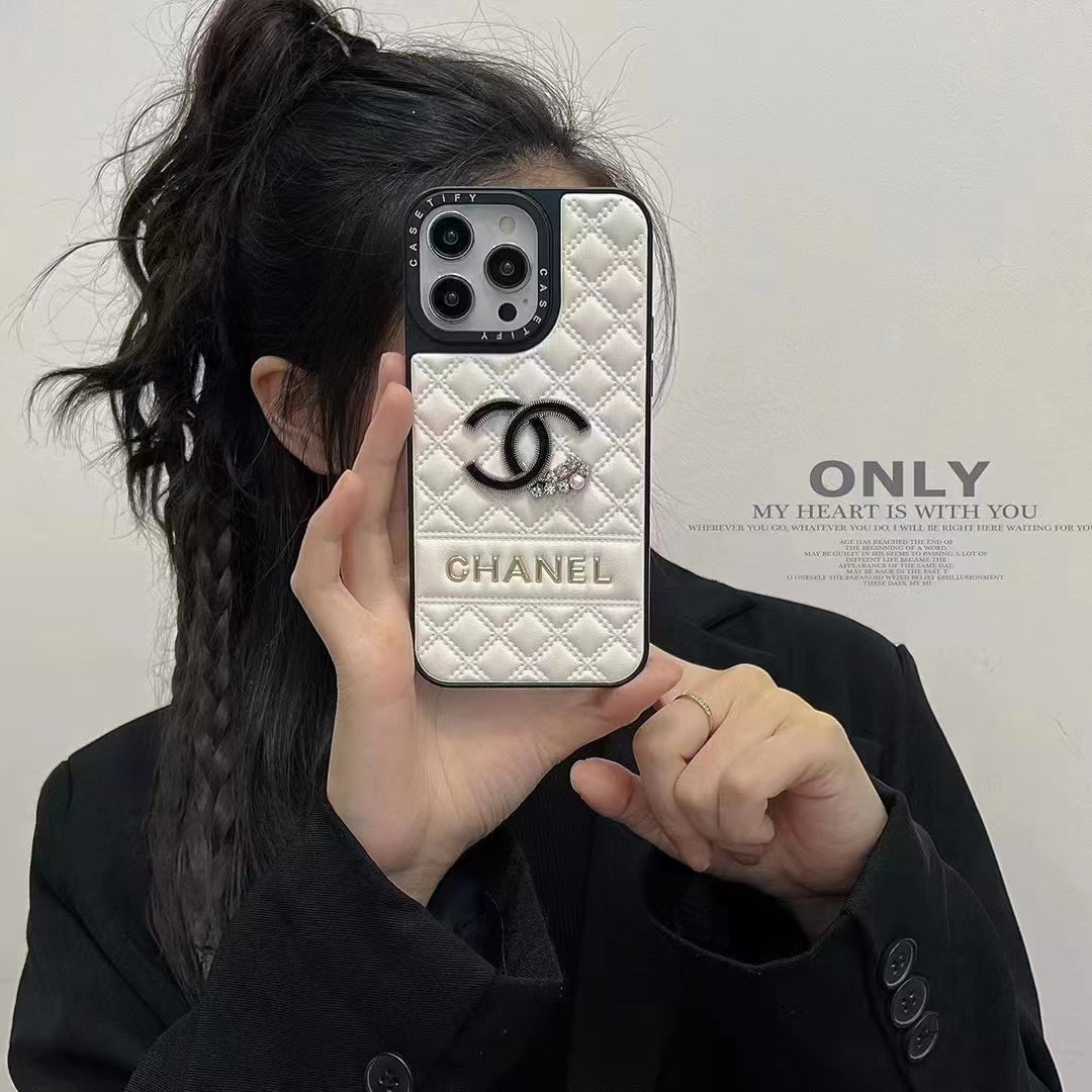 Luxury Quilted CC-Inspired Phone Case with Diamond Accents