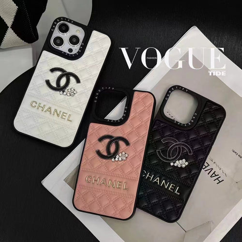 Luxury Quilted CC-Inspired Phone Case with Diamond Accents