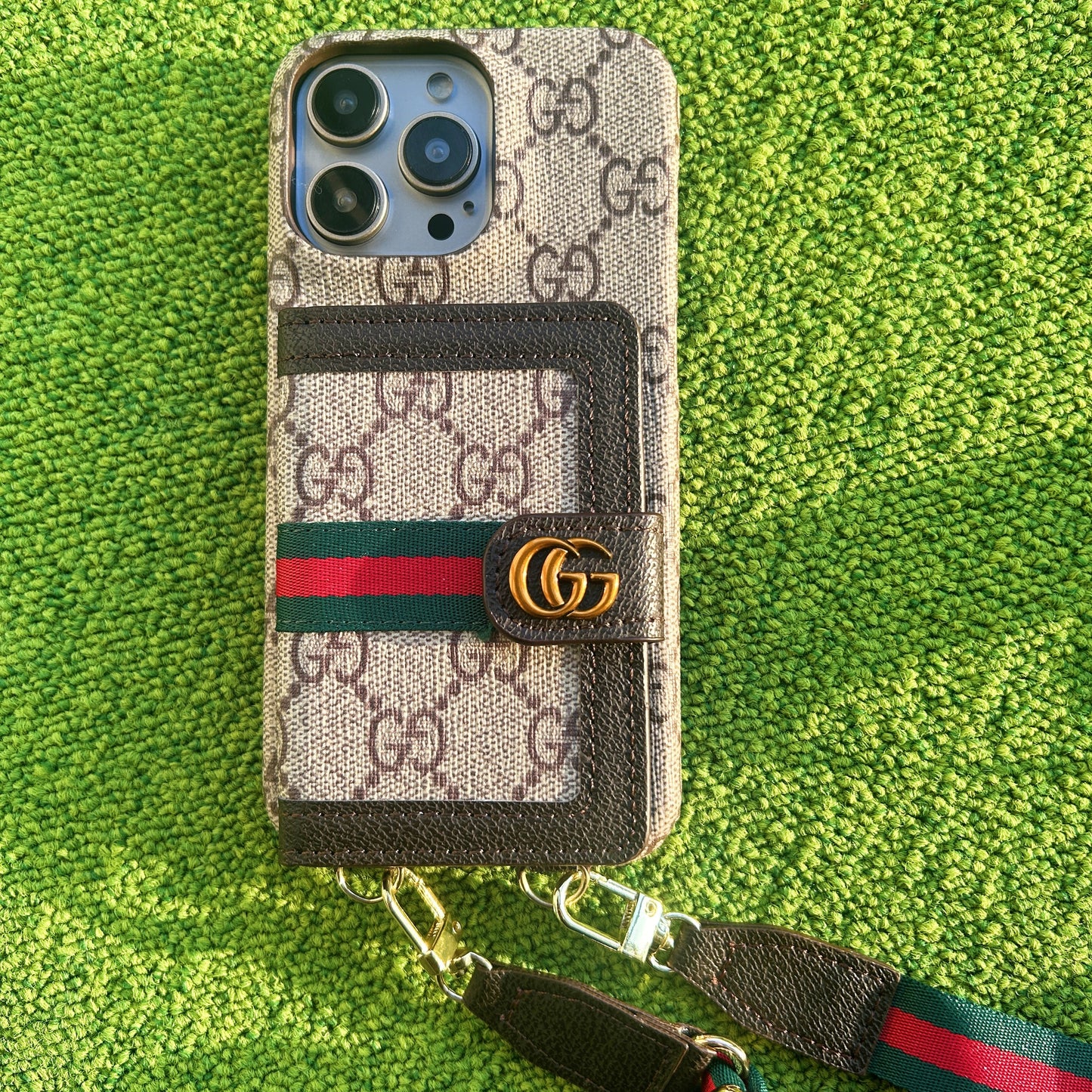 Luxury GG-Style Handmade Card Holder iPhone Case – Vintage Leather Wallet Design (Multiple Models)
