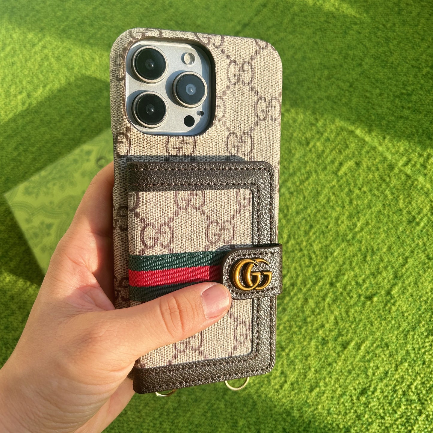 Luxury GG-Style Handmade Card Holder iPhone Case – Vintage Leather Wallet Design (Multiple Models)