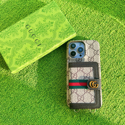 Luxury GG-Style Handmade Card Holder iPhone Case – Vintage Leather Wallet Design (Multiple Models)