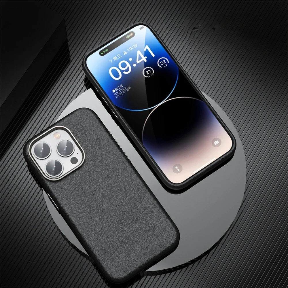 Metal Lens Frame PU Leather Cover for iPhone - FonKayz