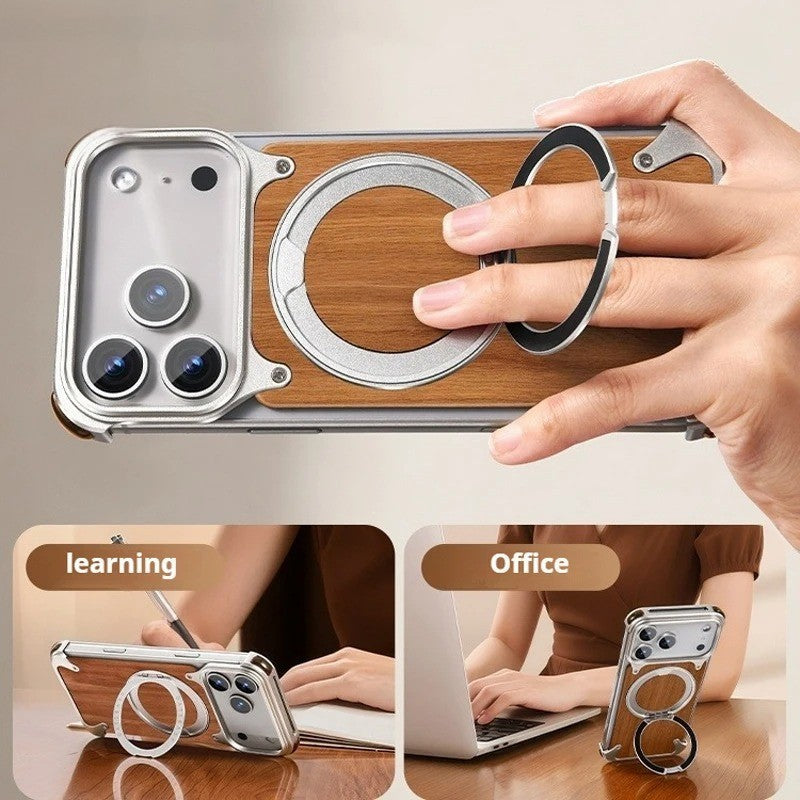 iPhones Frameless Alloy + Wood Case – Slim Hybrid Frame with Ring Stand - FonKayz