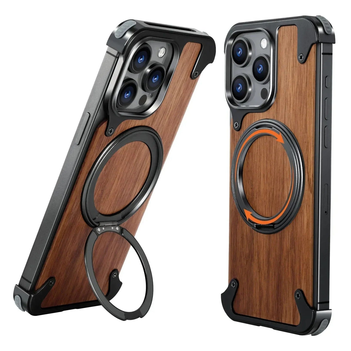 iPhones Frameless Alloy + Wood Case – Slim Hybrid Frame with Ring Stand - FonKayz