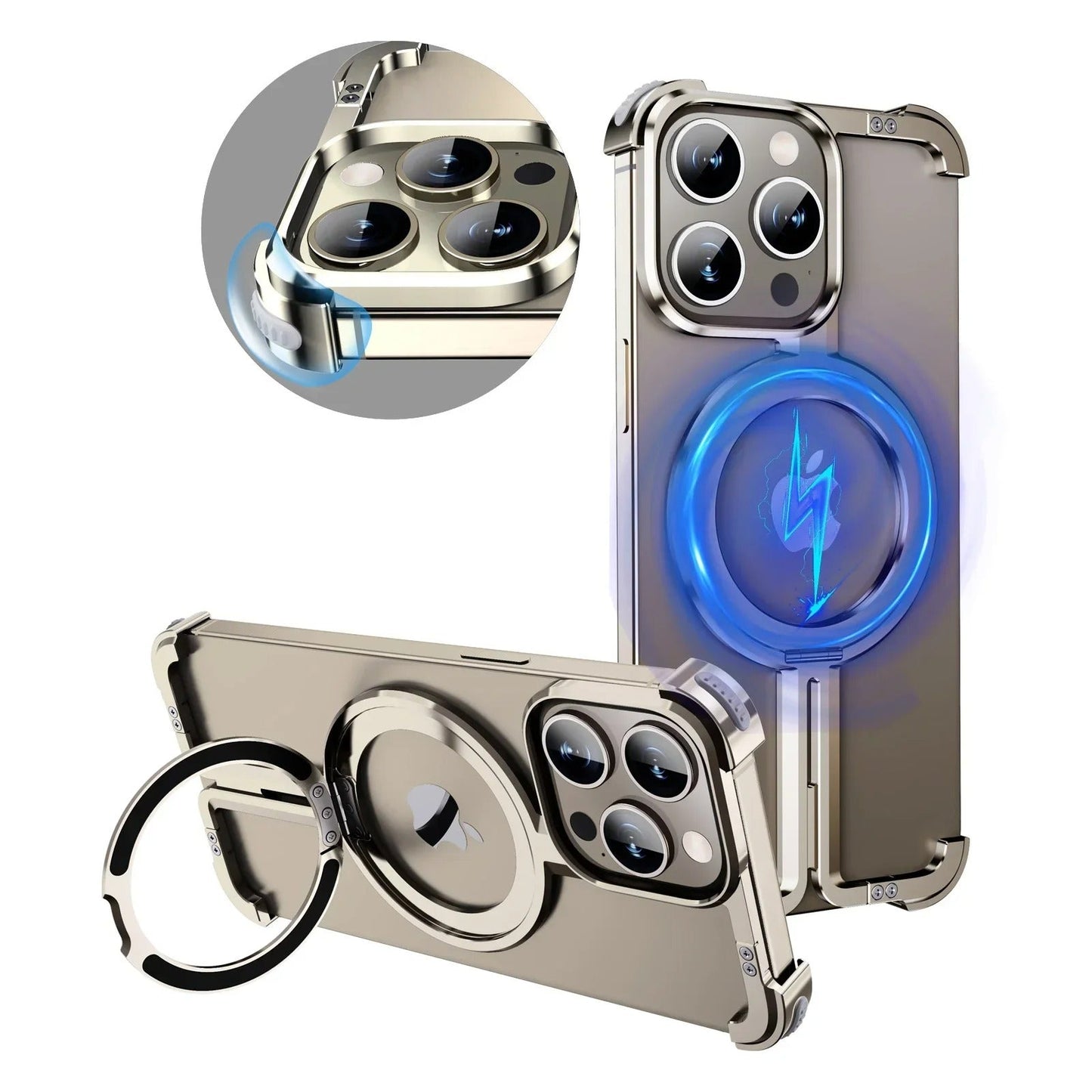 iPhone Frameless Alloy Case – Slim Frame with Wireless Charging & Ring Stand - FonKayz