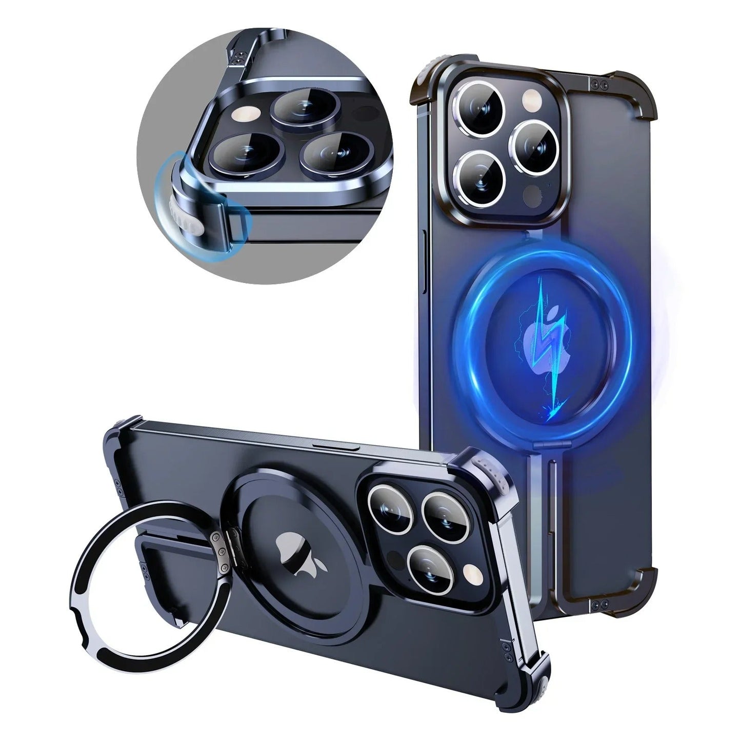 iPhone Frameless Alloy Case – Slim Frame with Wireless Charging & Ring Stand - FonKayz