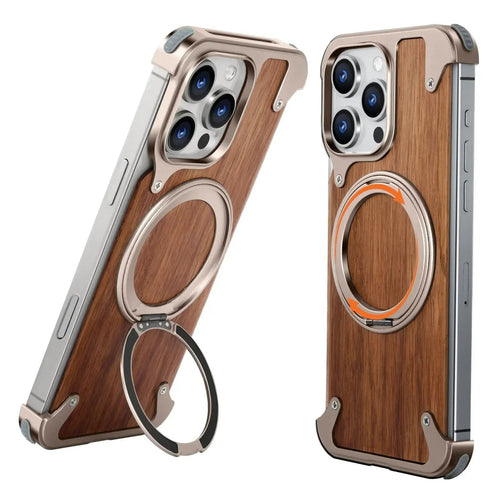 iPhones Frameless Alloy + Wood Case – Slim Hybrid Frame with Ring Stand - FonKayz