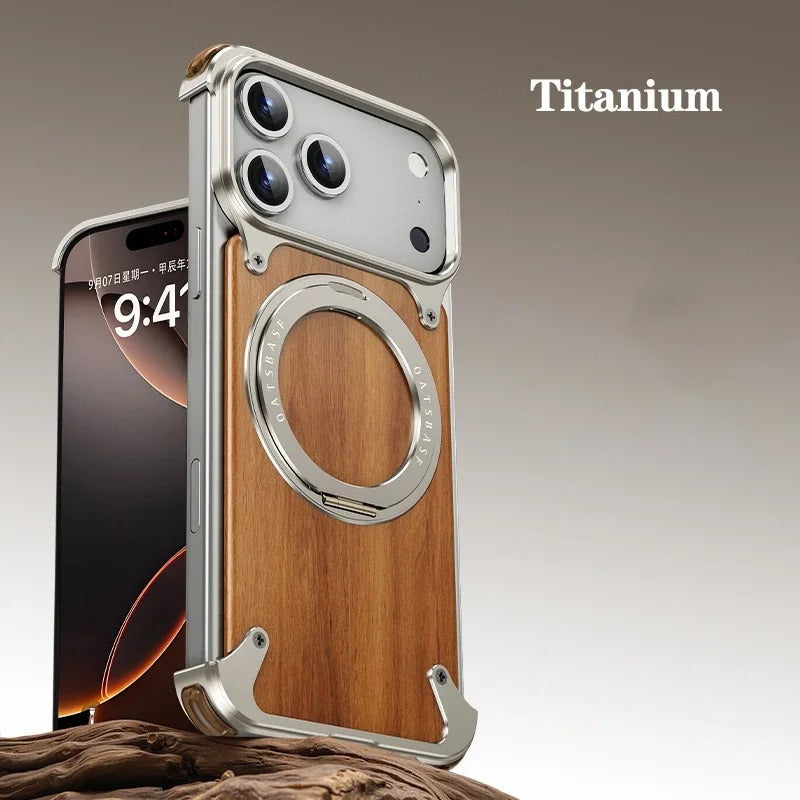 iPhones Frameless Alloy + Wood Case – Slim Hybrid Frame with Ring Stand - FonKayz