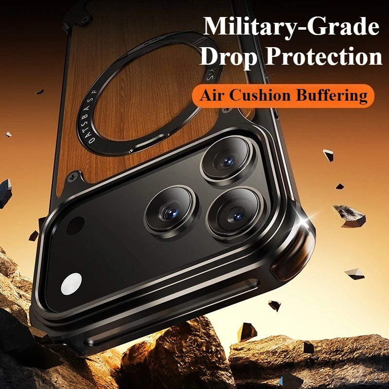 iPhones Frameless Alloy + Wood Case – Slim Hybrid Frame with Ring Stand - FonKayz