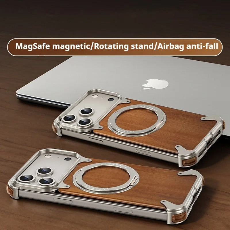 iPhones Frameless Alloy + Wood Case – Slim Hybrid Frame with Ring Stand - FonKayz
