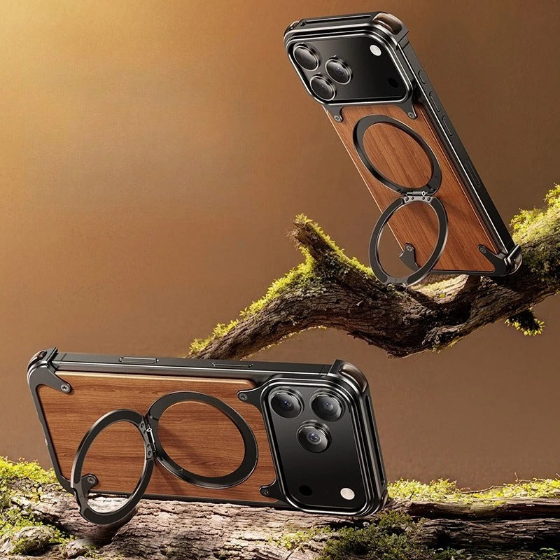 iPhones Frameless Alloy + Wood Case – Slim Hybrid Frame with Ring Stand - FonKayz