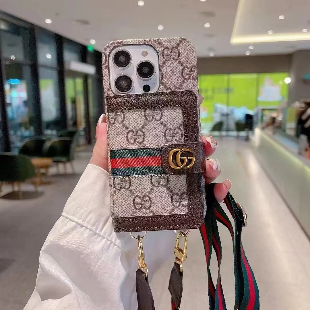 Luxury GG-Style Handmade Card Holder iPhone Case – Vintage Leather Wallet Design (Multiple Models)