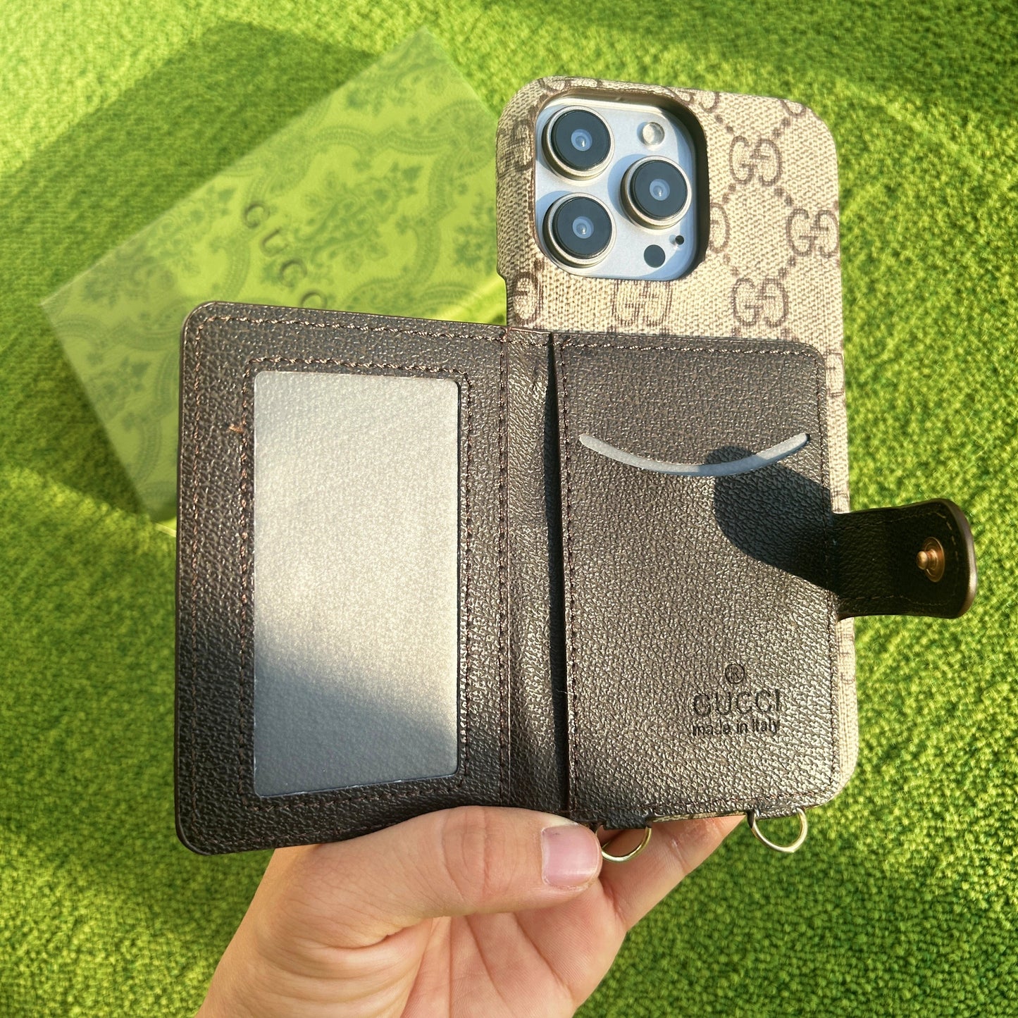 Luxury GG-Style Handmade Card Holder iPhone Case – Vintage Leather Wallet Design (Multiple Models)