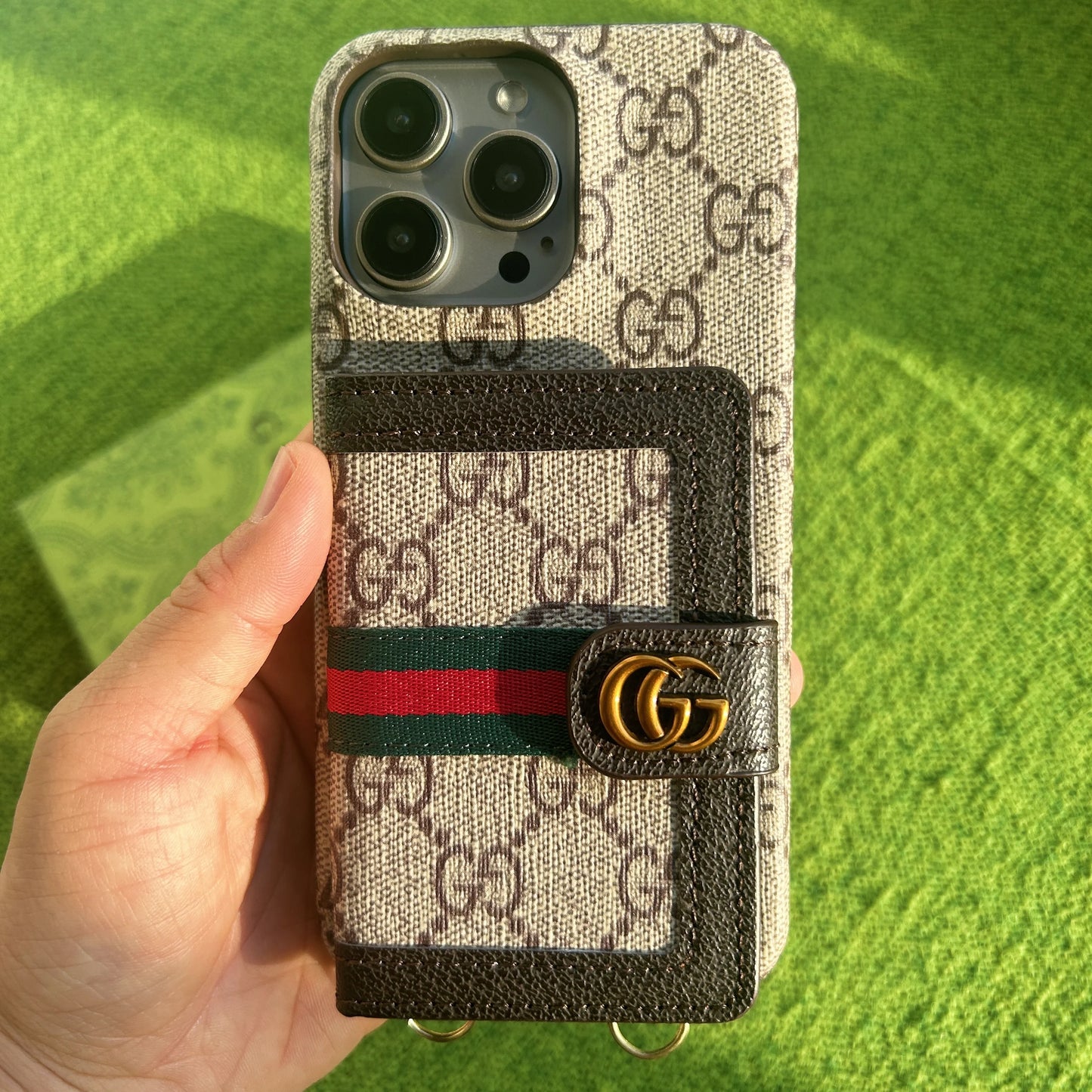 Luxury GG-Style Handmade Card Holder iPhone Case – Vintage Leather Wallet Design (Multiple Models)