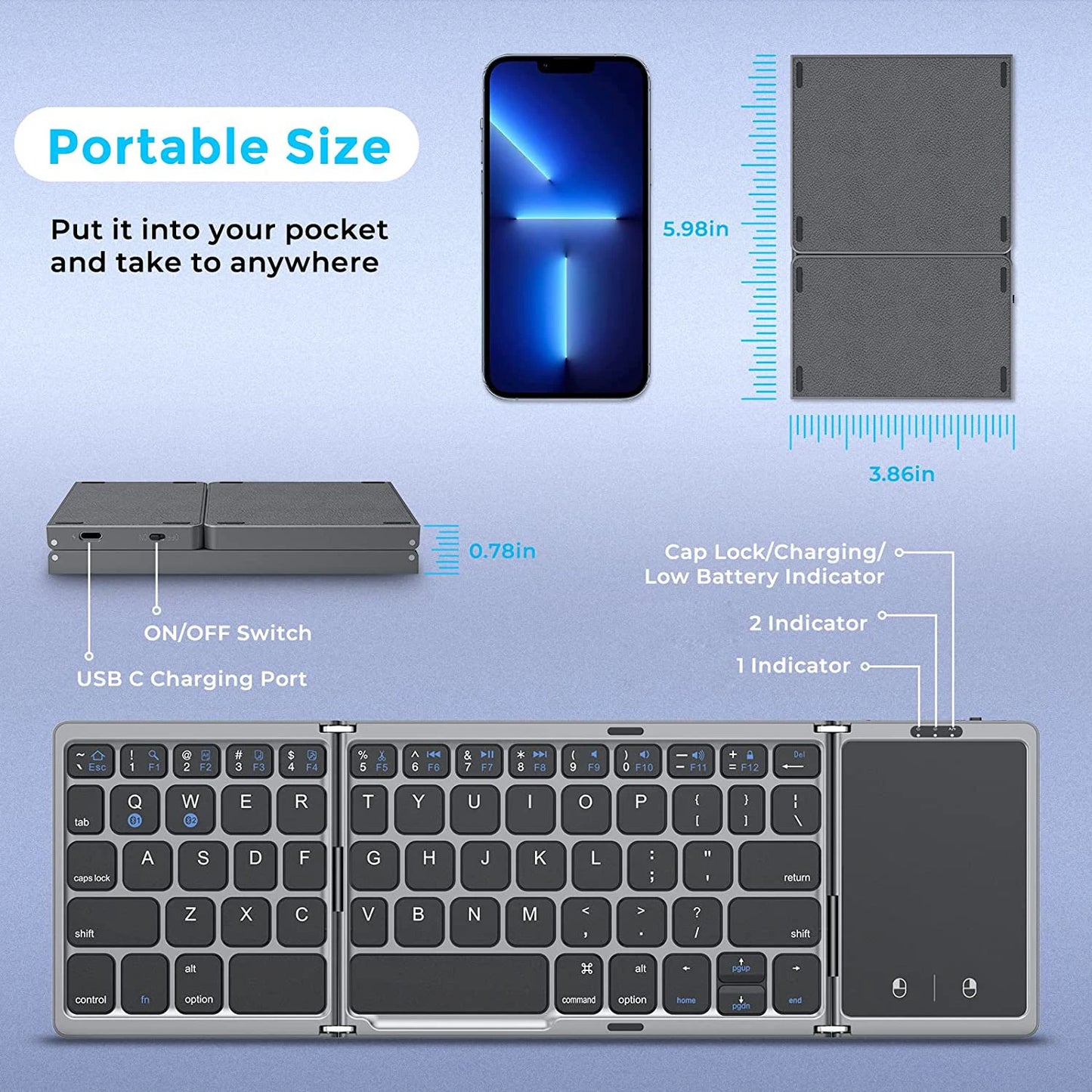 Seenda Foldable Wireless Bluetooth Keyboard - Portable, Rechargeable, Compatible with PC, Mac, Smartphone, iOS, Android, Windows | Compact Design for On-the-Go Typing - FonKayz