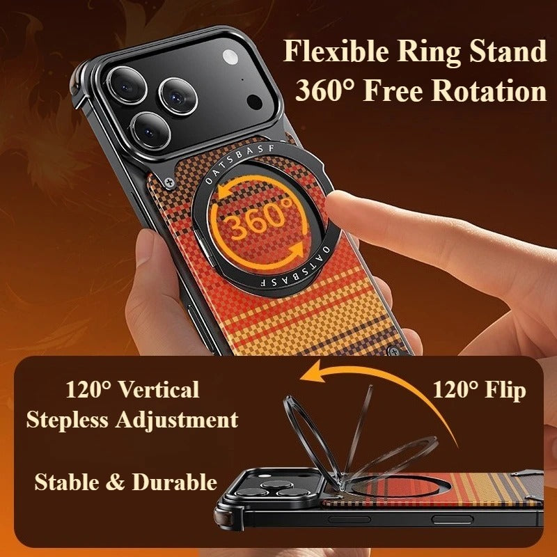 iPhone Frameless Alloy + Fabric Plaid Case – Hybrid Frame with Ring Stand - FonKayz