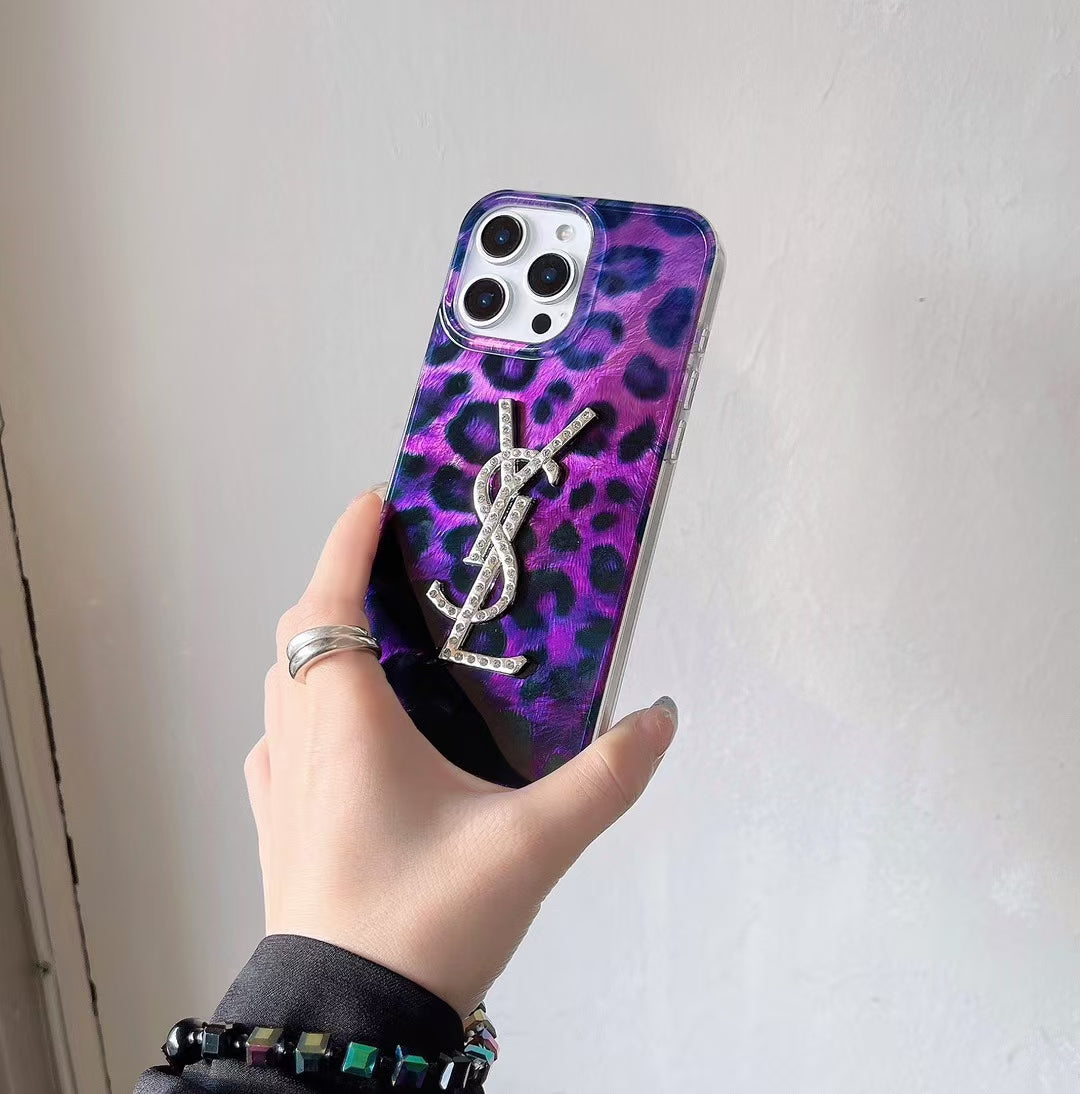 Luxury YSL-Inspired Purple Leopard Phone Case with Glitter Logo