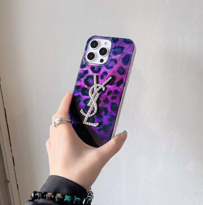 Luxury YSL-Inspired Purple Leopard Phone Case with Glitter Logo