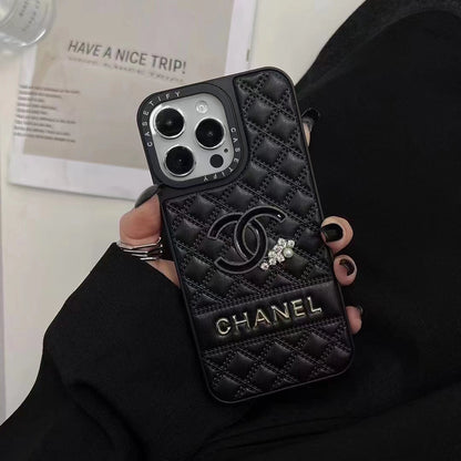 Luxury Quilted CC-Inspired Phone Case with Diamond Accents