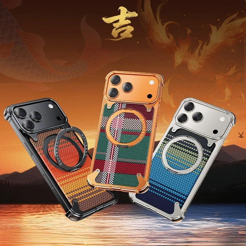 iPhone Frameless Alloy + Fabric Plaid Case – Hybrid Frame with Ring Stand - FonKayz