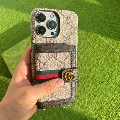 Luxury GG-Style Handmade Card Holder iPhone Case – Vintage Leather Wallet Design (Multiple Models)