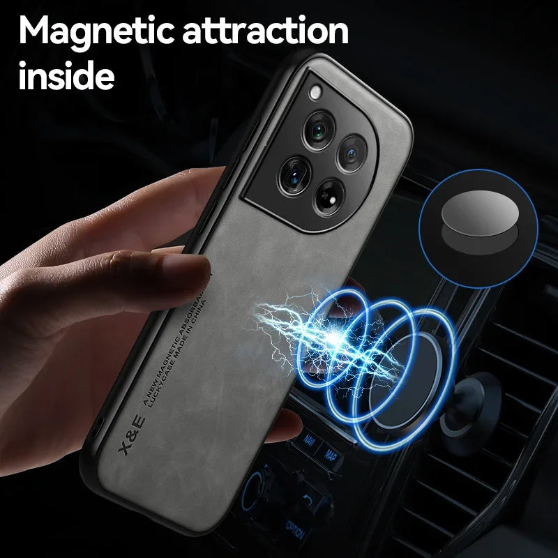 Luxury Shockproof Case for OnePlus 12/12R/11/10T - Built-in Magnetic Car Holder Protective Cover