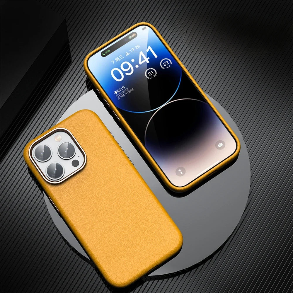 Metal Lens Frame PU Leather Cover for iPhone