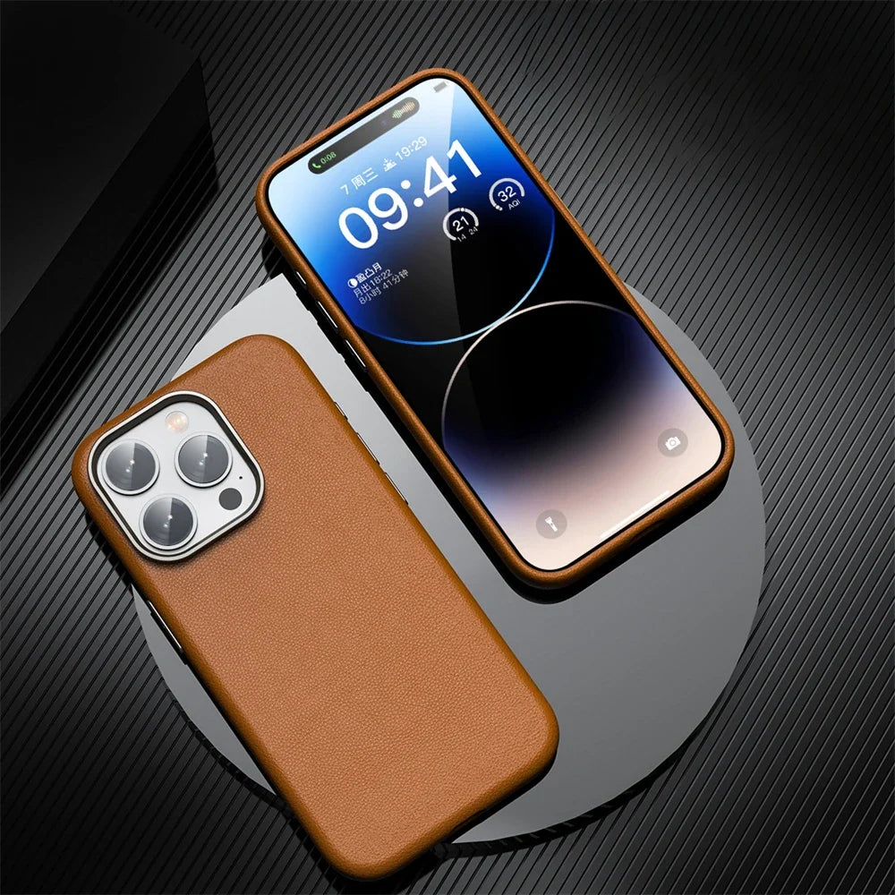 Metal Lens Frame PU Leather Cover for iPhone