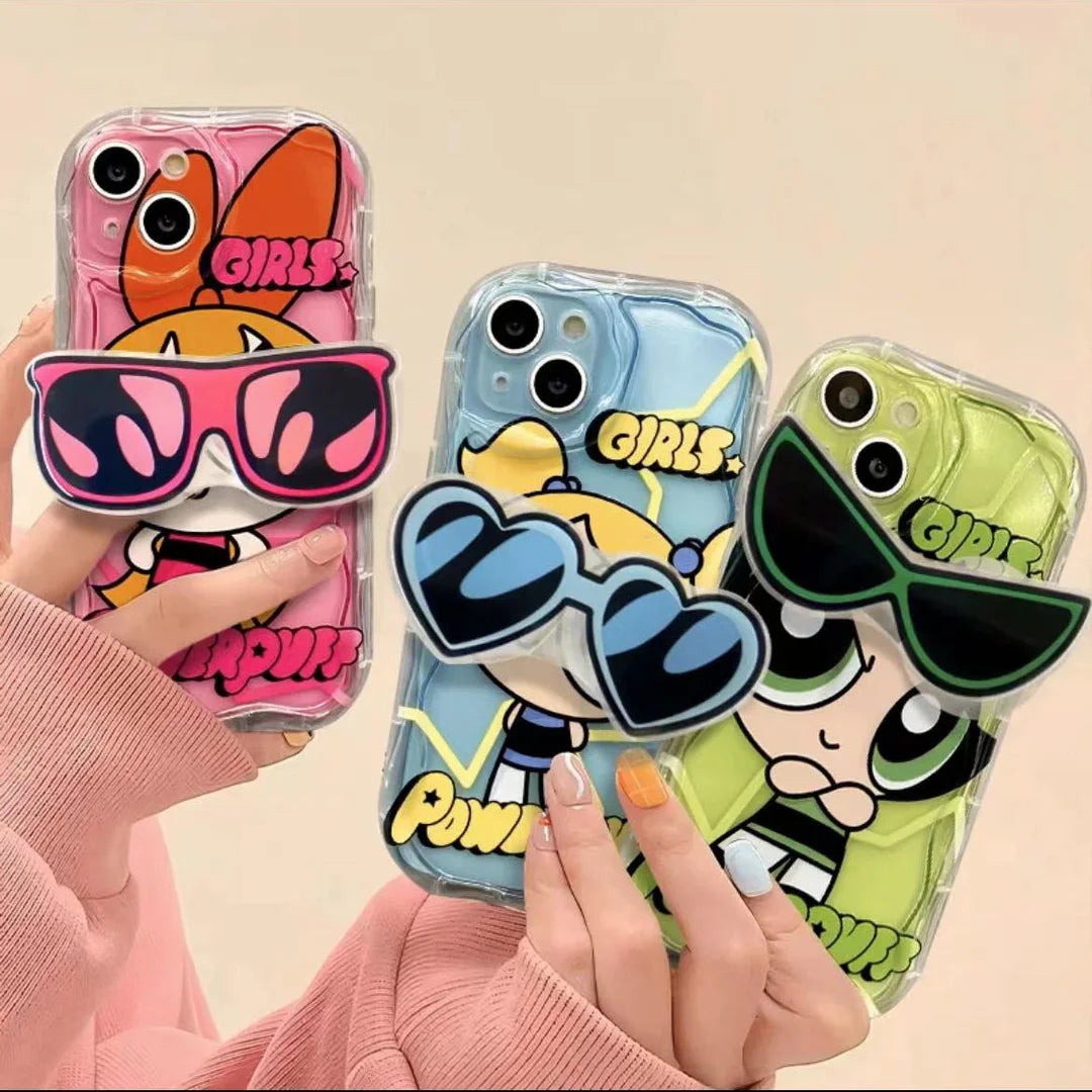 The Powerpuff Girls Glasses Stand Case for iPhone – Clear Silicone Kickstand Cover with Full Protection