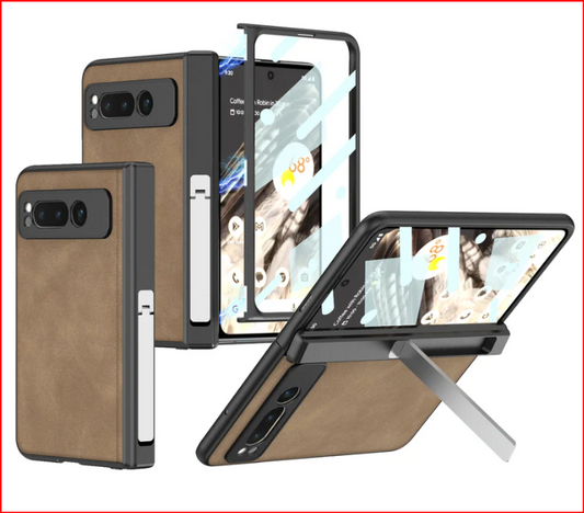 Magnetic Folding Hinge All-Inclusive Leather Case with Tempered Film for Google Pixel Fold - Damped Folding Bracket