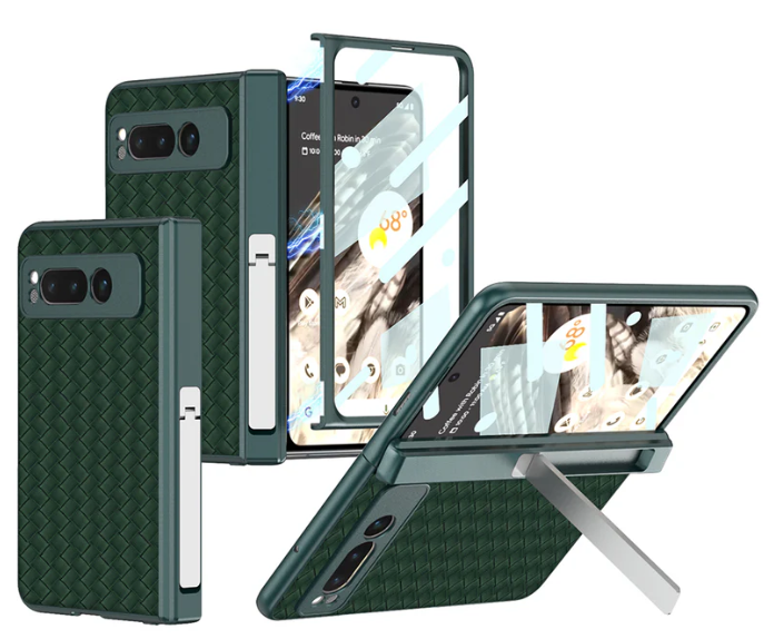 Magnetic All-Inclusive Woven Pattern Case with Tempered Film for Google Pixel Fold - Damped Folding Bracket