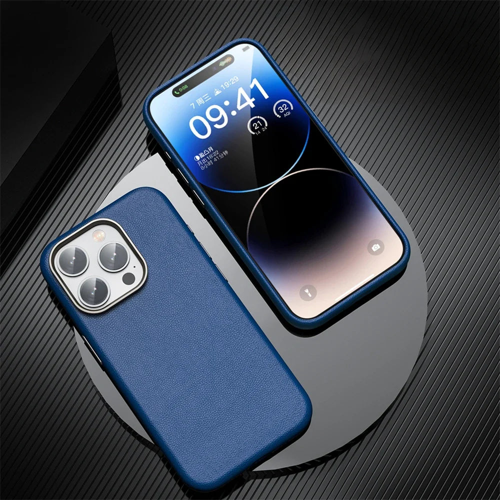 Metal Lens Frame PU Leather Cover for iPhone