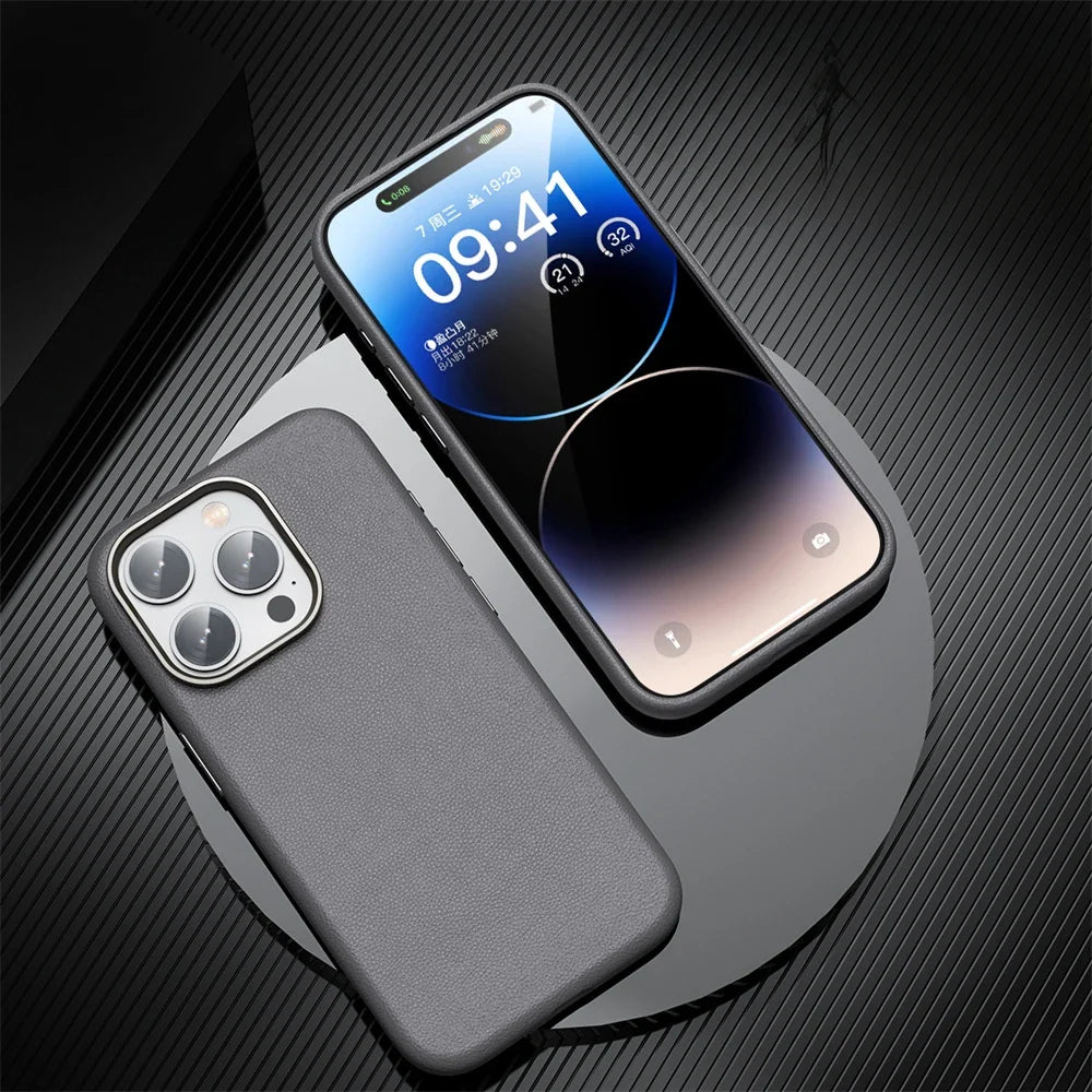 Metal Lens Frame PU Leather Cover for iPhone