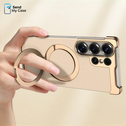 Galaxy S26 Ultra MagSafe Ring Stand Leather Case With Electroplated Frame