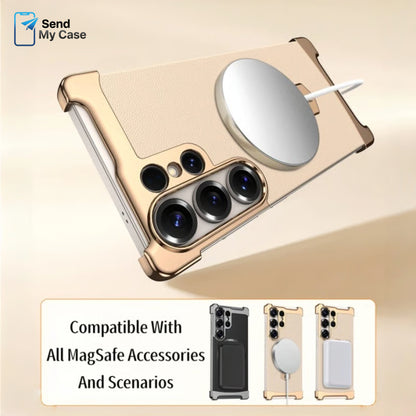 Galaxy S26 Ultra MagSafe Ring Stand Leather Case With Electroplated Frame