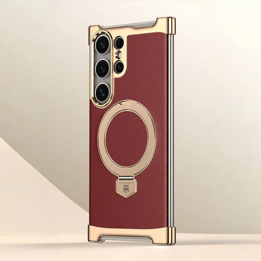 Galaxy S26 Ultra MagSafe Ring Stand Leather Case With Electroplated Frame